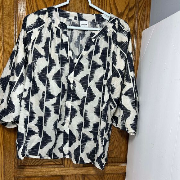 Sonoma Women’s L Boho Peasant Top 3/4 Balloon Sleeve V-Neck Black White - Picture 1 of 6